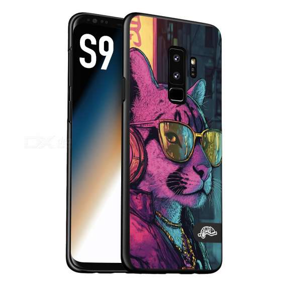 CUSTOMIZZA - Custodia cover nera morbida in tpu compatibile per Samsung S9 animali cyberpunk pantera street cat fucsia blu giallo