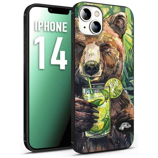 CUSTOMIZZA - Custodia cover nera morbida in tpu compatibile per iPhone 14 estate disegnata cocktails animali simpatici orso bear negroni