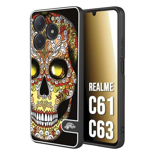 CUSTOMIZZA - Custodia cover nera morbida in tpu compatibile per Realme C61 - C63 teschio messicano Mexican skull giallo rosso arancio