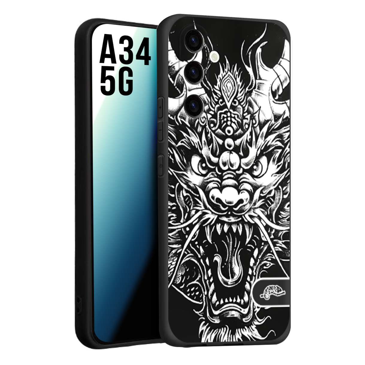 CUSTOMIZZA - Custodia cover nera morbida in tpu compatibile per Samsung A34 5G drago black and white bianco a rilievo disegnato tattoo tatuaggio