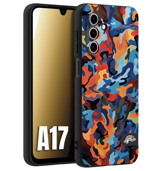 CUSTOMIZZA - Custodia cover nera morbida in tpu compatibile per Samsung A17 camouflage mimetico militare moderno blu arancio rosso