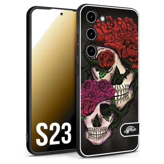 CUSTOMIZZA - Custodia cover nera morbida in tpu compatibile per Samsung S23 teschi e rose rosse fucsia skull and roses