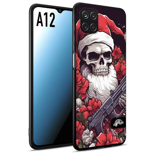 CUSTOMIZZA - Custodia cover nera morbida in tpu compatibile per Samsung A12 teschio natale santa claus fiori tattoo disegnato