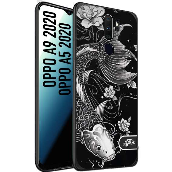 CUSTOMIZZA - Custodia cover nera morbida in tpu compatibile per Oppo A9 2020 - A5 2020 carpa koi black and white bianco a rilievo disegnato tattoo tatuaggio