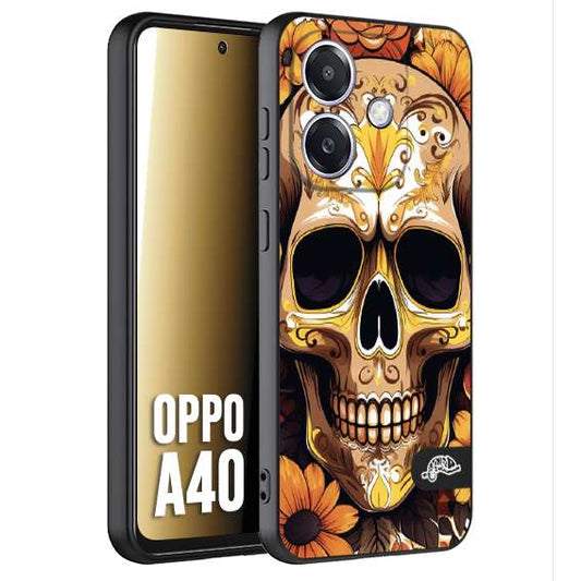 CUSTOMIZZA - Custodia cover nera morbida in tpu compatibile per Oppo A40 teschio messicano colorato dorato fiori tattoo disegnato