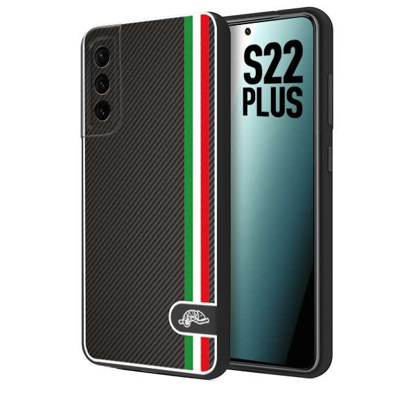 CUSTOMIZZA - Custodia cover nera morbida in tpu compatibile per Samsung S22 PLUS effetto fibra di carbonio bandiera Italia made in Italy