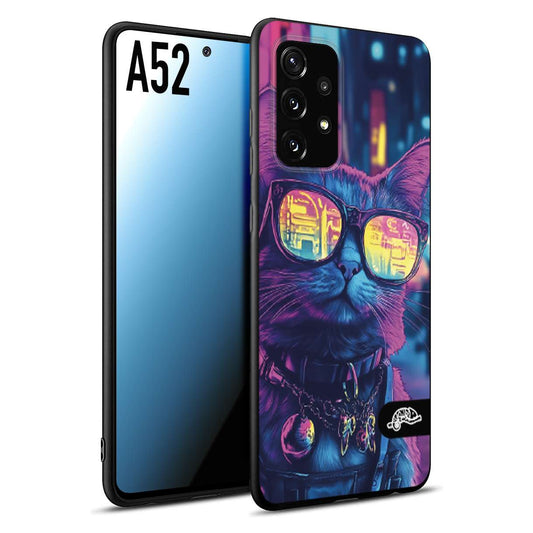 CUSTOMIZZA - Custodia cover nera morbida in tpu compatibile per Samsung A52 animali cyberpunk gatto street cat fucsia blu giallo