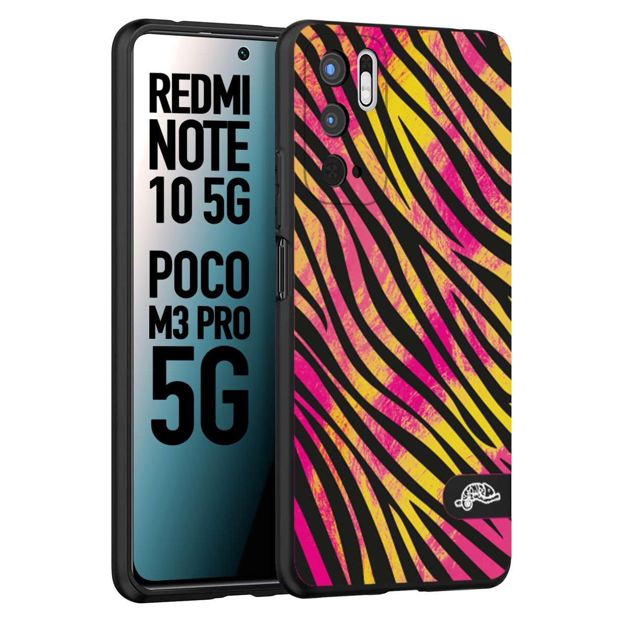 CUSTOMIZZA - Custodia cover nera morbida in tpu compatibile per Xiaomi Redmi Note 10 5G - Poco M3 Pro 5G zebrata maculata a rilievo soft touch donna fucsia gialla