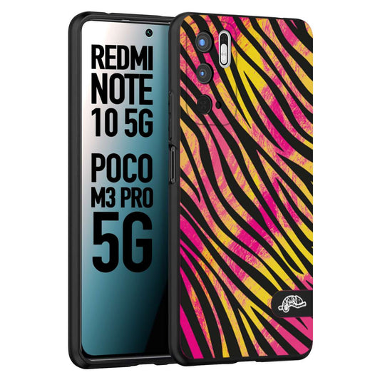 CUSTOMIZZA - Custodia cover nera morbida in tpu compatibile per Xiaomi Redmi Note 10 5G - Poco M3 Pro 5G zebrata maculata a rilievo soft touch donna fucsia gialla