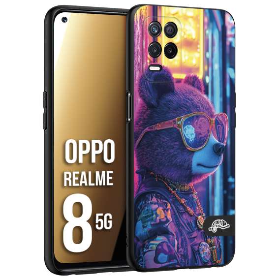 CUSTOMIZZA - Custodia cover nera morbida in tpu compatibile per Realme 8 5G animali cyberpunk orsetto orso street bear fucsia blu night