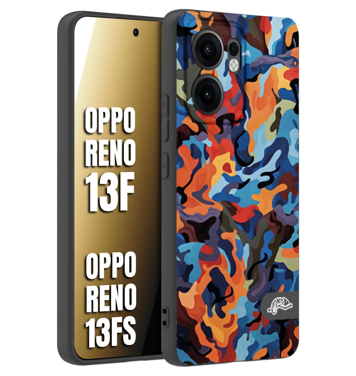 CUSTOMIZZA - Custodia cover nera morbida in tpu compatibile per Oppo Reno 13 F camouflage mimetico militare moderno blu arancio rosso
