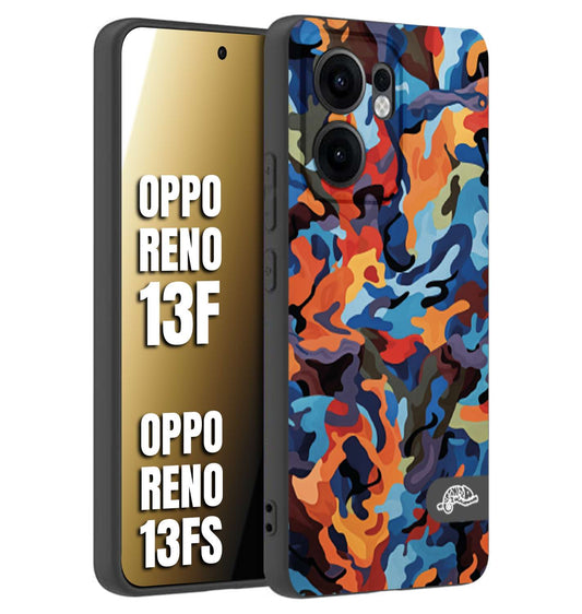 CUSTOMIZZA - Custodia cover nera morbida in tpu compatibile per Oppo Reno 13 F camouflage mimetico militare moderno blu arancio rosso