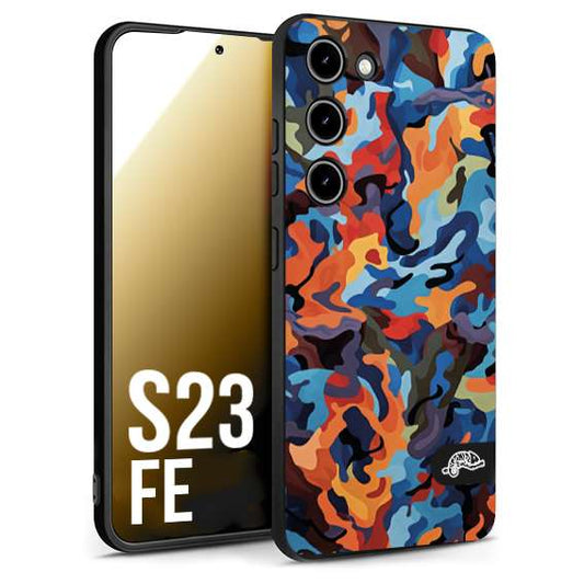 CUSTOMIZZA - Custodia cover nera morbida in tpu compatibile per Samsung S23 FE camouflage mimetico militare moderno blu arancio rosso