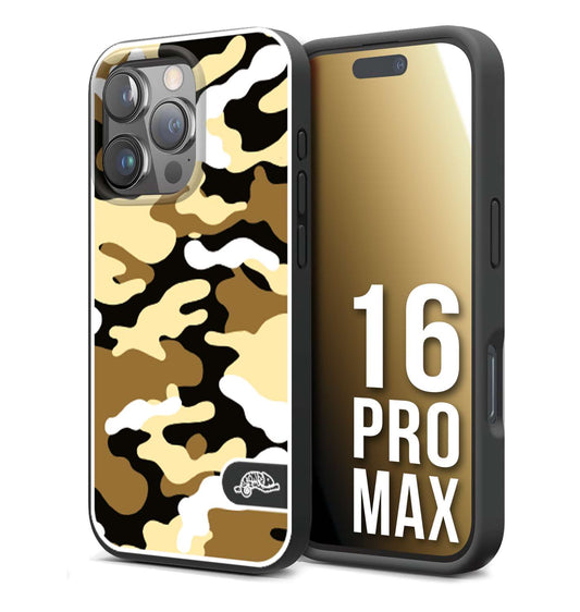 CUSTOMIZZA - Custodia cover nera morbida in tpu compatibile per iPhone 16 PRO MAX camouflage mimetico militare giallo desert brown