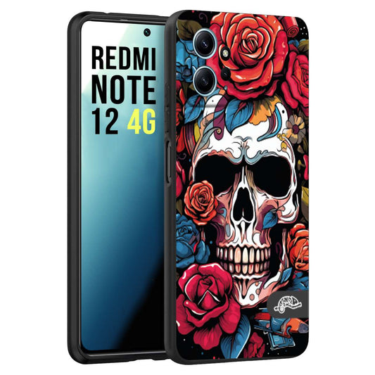 CUSTOMIZZA - Custodia cover nera morbida in tpu compatibile per Xiaomi Redmi Note 12 4G teschio skull flowers fiori rose rosse tattoo disegnato