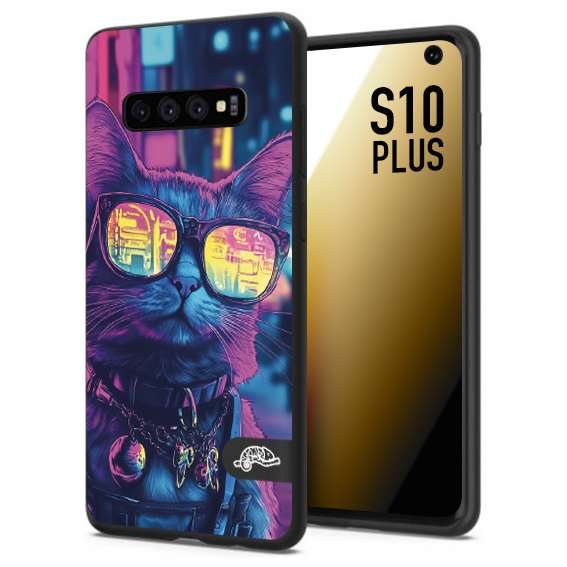 CUSTOMIZZA - Custodia cover nera morbida in tpu compatibile per Samsung S10 PLUS animali cyberpunk gatto street cat fucsia blu giallo