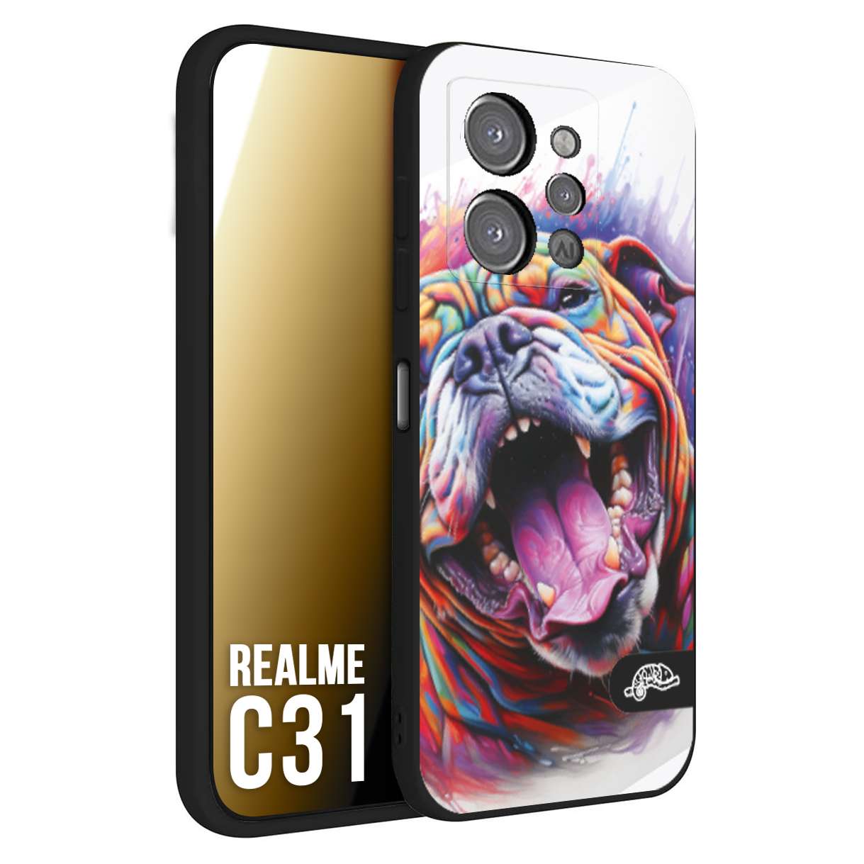 CUSTOMIZZA - Custodia cover nera morbida in tpu compatibile per Oppo Realme C31 animali color bulldog cane dog colori vibranti disegnato schizzo