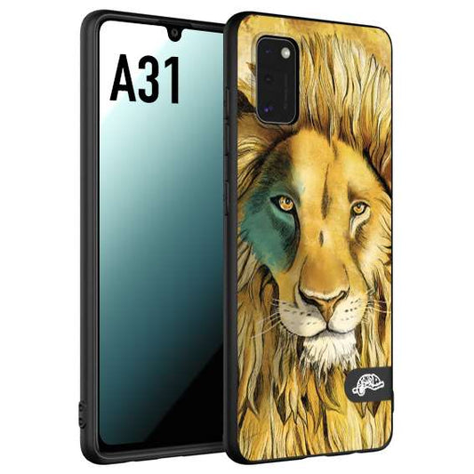 CUSTOMIZZA - Custodia cover nera morbida in tpu compatibile per Samsung A31 leone lion disegnato a mano giallo blu a rilievo artistico brown