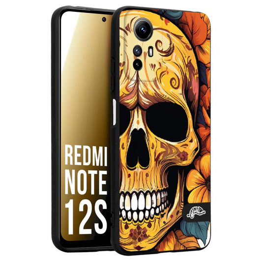 CUSTOMIZZA - Custodia cover nera morbida in tpu compatibile per Xiaomi Redmi Note 12S teschio messicano colorato dorato fiori autunnali disegnato