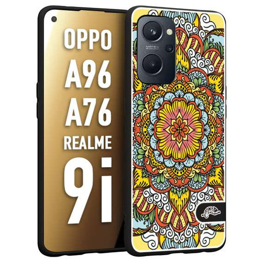 CUSTOMIZZA - Custodia cover nera morbida in tpu compatibile per Oppo Realme 9i - A96 - A76 mandala colorato fiore nuvole arancione