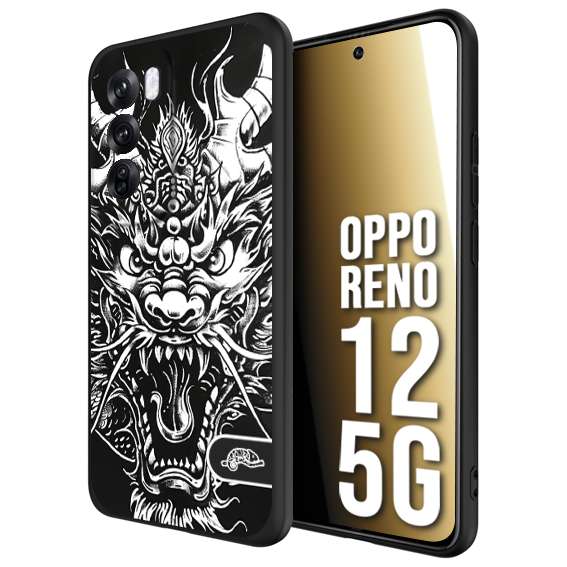 CUSTOMIZZA - Custodia cover nera morbida in tpu compatibile per Oppo Reno 12 5G drago black and white bianco a rilievo disegnato tattoo tatuaggio