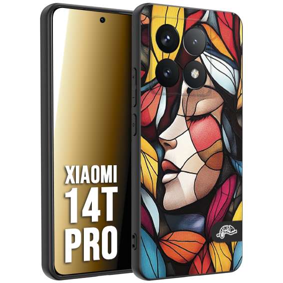 CUSTOMIZZA - Custodia cover nera morbida in tpu compatibile per Xiaomi 14T PRO Vetrata artistica volto di donna profilo fogliare mosaico di vetro colorato