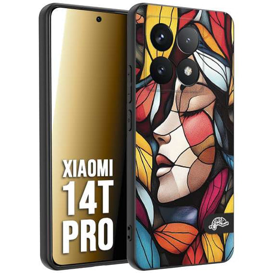 CUSTOMIZZA - Custodia cover nera morbida in tpu compatibile per Xiaomi 14T PRO Vetrata artistica volto di donna profilo fogliare mosaico di vetro colorato