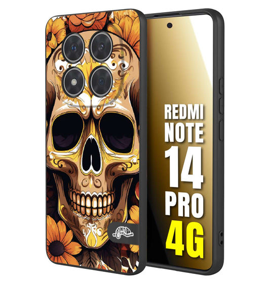 CUSTOMIZZA - Custodia cover nera morbida in tpu compatibile per Xiaomi Redmi Note 14 PRO 4G teschio messicano colorato dorato fiori tattoo disegnato