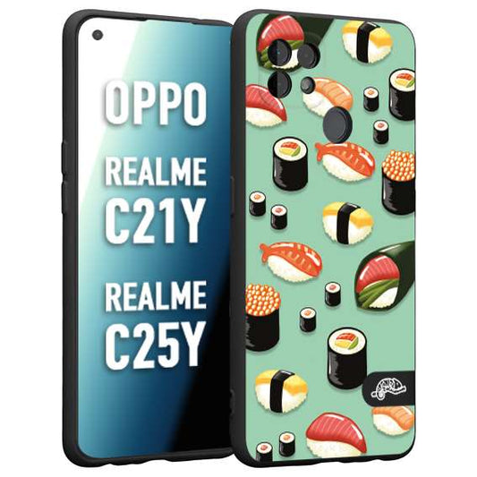 CUSTOMIZZA - Custodia cover nera morbida in tpu compatibile per Oppo Realme C21Y - C25Y sushi disegni giapponese nighiri acquamarina verde