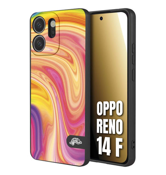 CUSTOMIZZA - Custodia cover nera morbida in tpu compatibile per Oppo Reno 14 F colorata fantasia vortice marmo onde rosa fucsia gialla