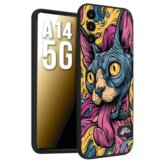 CUSTOMIZZA - Custodia cover nera morbida in tpu compatibile per Samsung A14 5G Sphynx Colorato Pop Art Psichedelico Gatto Blu Rosa Giallo Artistica Fantasy