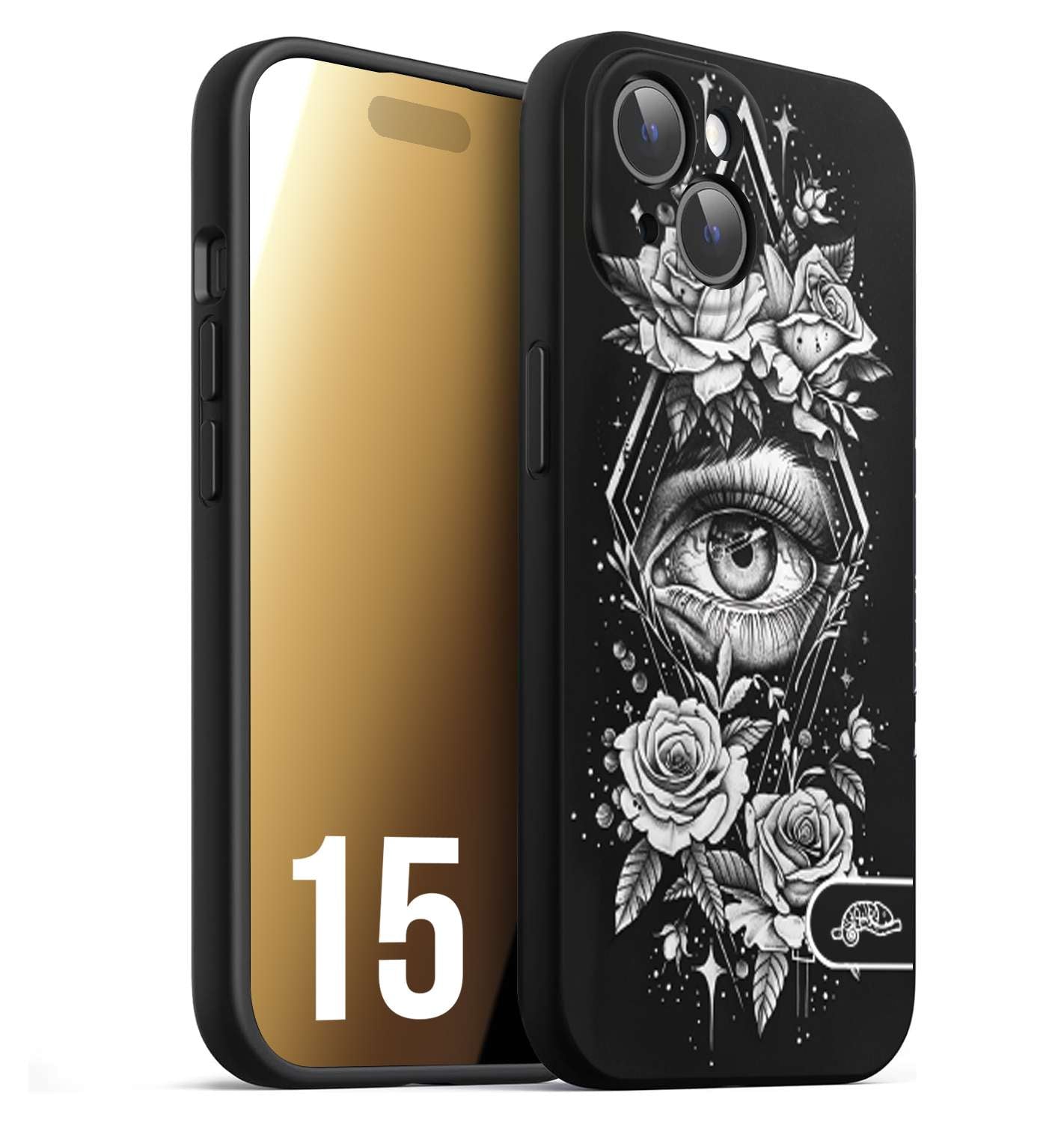 CUSTOMIZZA - Custodia cover nera morbida in tpu compatibile per iPhone 15 occhio fiori rombo geometrico black and white bianco a rilievo disegnato tattoo tatuaggio