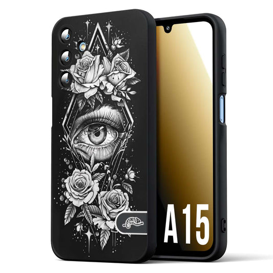 CUSTOMIZZA - Custodia cover nera morbida in tpu compatibile per Samsung A15 5G occhio fiori rombo geometrico black and white bianco a rilievo disegnato tattoo tatuaggio