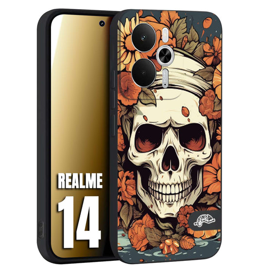 CUSTOMIZZA - Custodia cover nera morbida in tpu compatibile per Realme 14 5G teschio skull flowers fiori tattoo disegnato alta definizione
