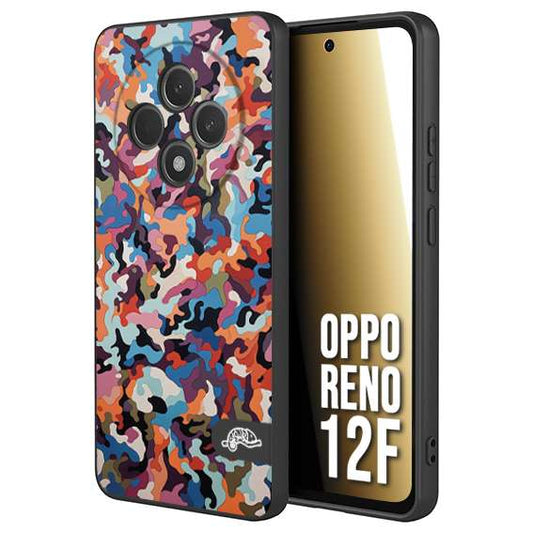 CUSTOMIZZA - Custodia cover nera morbida in tpu compatibile per Oppo Reno 12F camouflage mimetico militare moderno blu arancio rosa