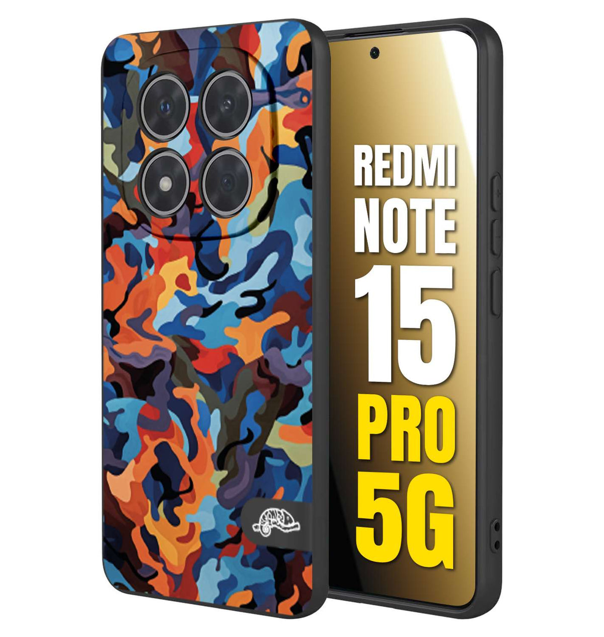 CUSTOMIZZA - Custodia cover nera morbida in tpu compatibile per Xiaomi Redmi Note 15 PRO 5G camouflage mimetico militare moderno blu arancio rosso