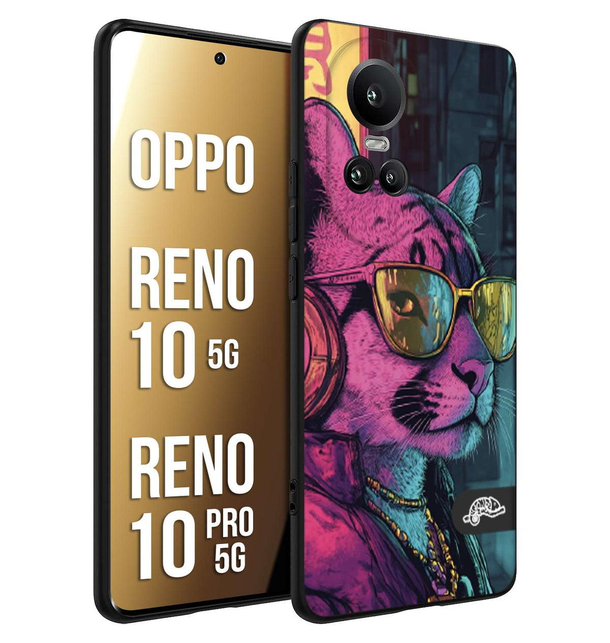 CUSTOMIZZA - Custodia cover nera morbida in tpu compatibile per Oppo Reno 10 5G - 10 PRO 5G animali cyberpunk pantera street cat fucsia blu giallo