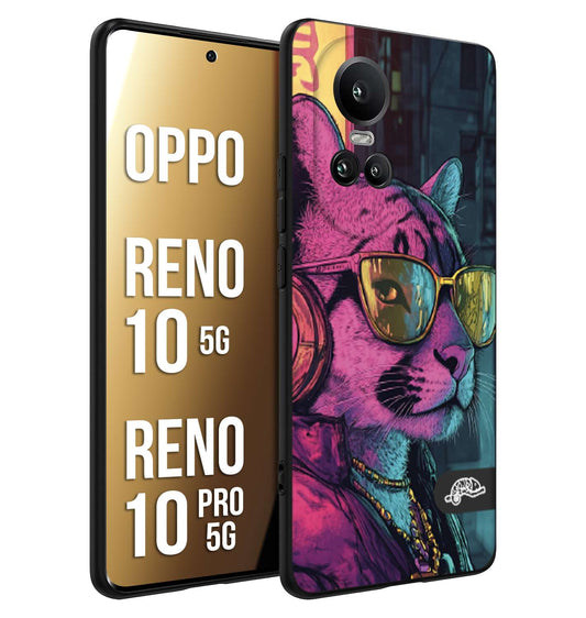 CUSTOMIZZA - Custodia cover nera morbida in tpu compatibile per Oppo Reno 10 5G - 10 PRO 5G animali cyberpunk pantera street cat fucsia blu giallo