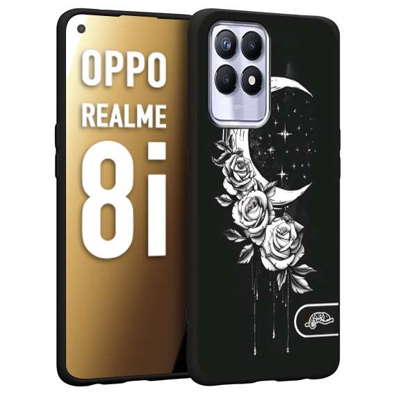 CUSTOMIZZA - Custodia cover nera morbida in tpu compatibile per Oppo Realme 8i luna e fiori moon flowers black and white bianco a rilievo disegnato tattoo tatuaggio