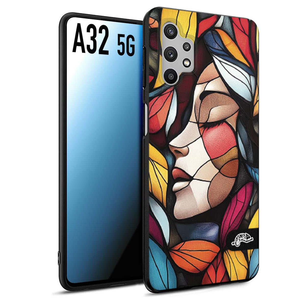 CUSTOMIZZA - Custodia cover nera morbida in tpu compatibile per Samsung A32 5G Vetrata artistica volto di donna profilo fogliare mosaico di vetro colorato