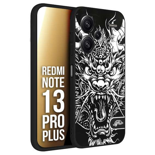 CUSTOMIZZA - Custodia cover nera morbida in tpu compatibile per Xiaomi Redmi Note 13 PRO PLUS drago black and white bianco a rilievo disegnato tattoo tatuaggio
