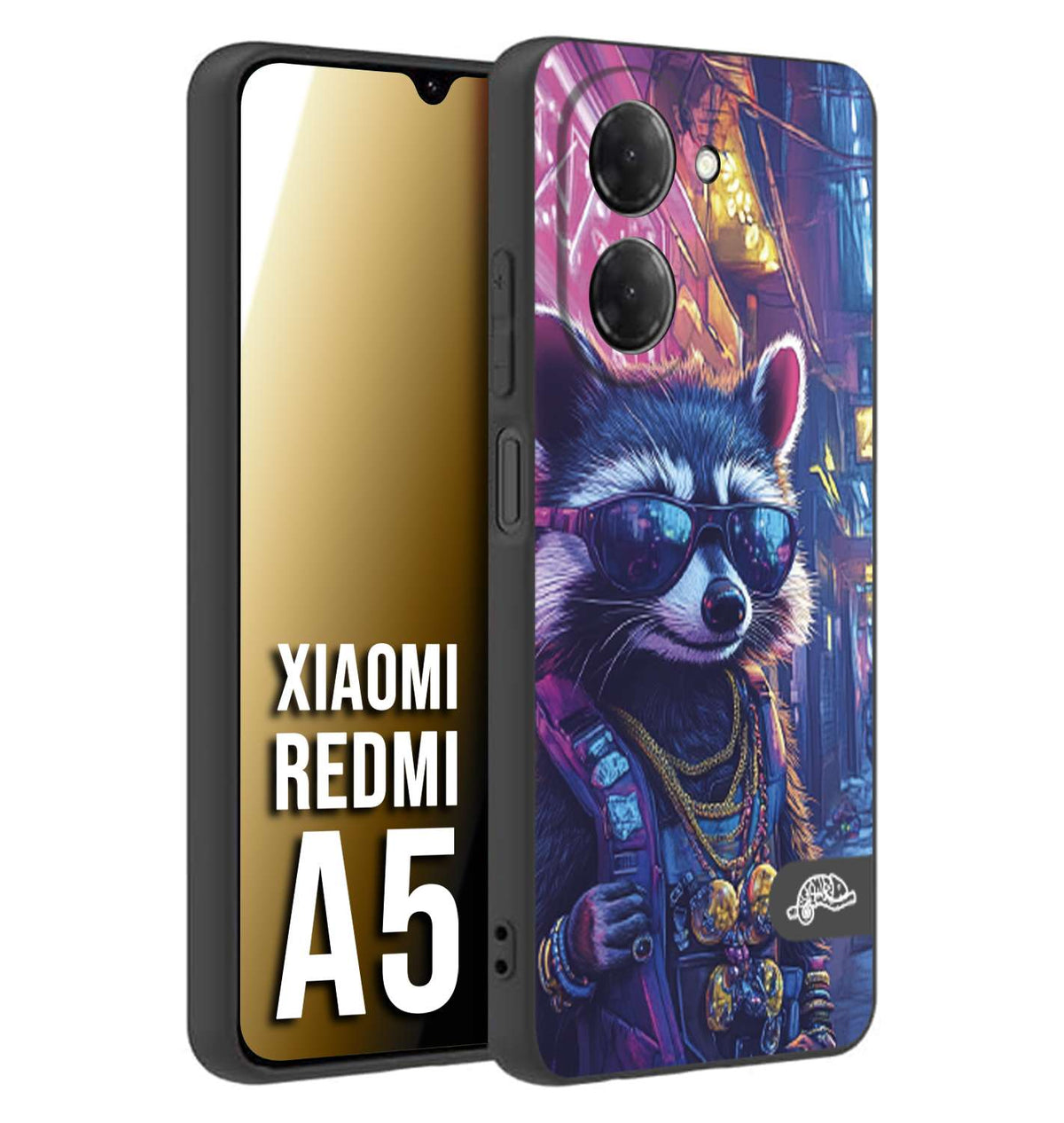 CUSTOMIZZA - Custodia cover nera morbida in tpu compatibile per Xiaomi Redmi A5 animali simpatici cyberpunk procione racoon street cat fucsia blu giallo