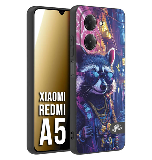 CUSTOMIZZA - Custodia cover nera morbida in tpu compatibile per Xiaomi Redmi A5 animali simpatici cyberpunk procione racoon street cat fucsia blu giallo