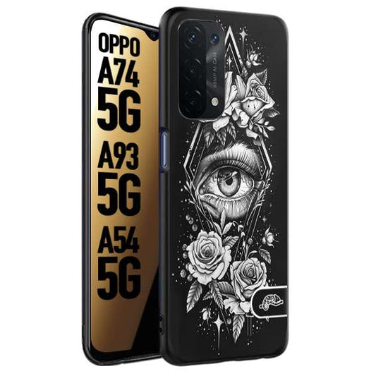 CUSTOMIZZA - Custodia cover nera morbida in tpu compatibile per Oppo A74 5G - A93 5G - A54 5G occhio fiori rombo geometrico black and white bianco a rilievo disegnato tattoo tatuaggio