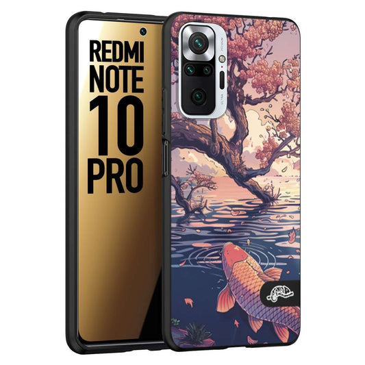 CUSTOMIZZA - Custodia cover nera morbida in tpu compatibile per Xiaomi Redmi Note 10 PRO giapponese lago carpa koi rosa con foglie d'acero disegnata tattoo