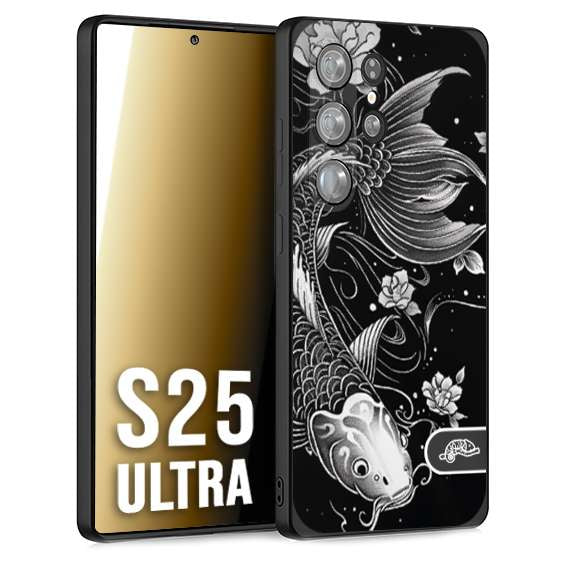 CUSTOMIZZA - Custodia cover nera morbida in tpu compatibile per Samsung S25 ULTRA carpa koi black and white bianco a rilievo disegnato tattoo tatuaggio
