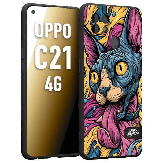 CUSTOMIZZA - Custodia cover nera morbida in tpu compatibile per Realme C21 4G Sphynx Colorato Pop Art Psichedelico Gatto Blu Rosa Giallo Artistica Fantasy