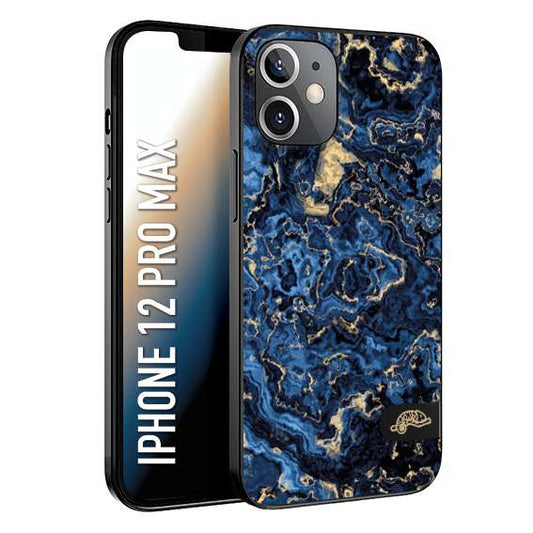 CUSTOMIZZA - Custodia cover nera morbida in tpu compatibile per iPhone 12 PRO MAX effetto marmo marble blu venature dorato psichedelico