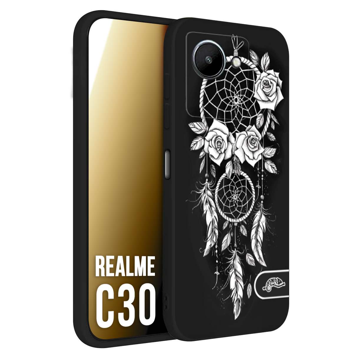 CUSTOMIZZA - Custodia cover nera morbida in tpu compatibile per Oppo Realme C30 acchiappasogni dreamcatcher black and white bianco a rilievo disegnato tattoo tatuaggio