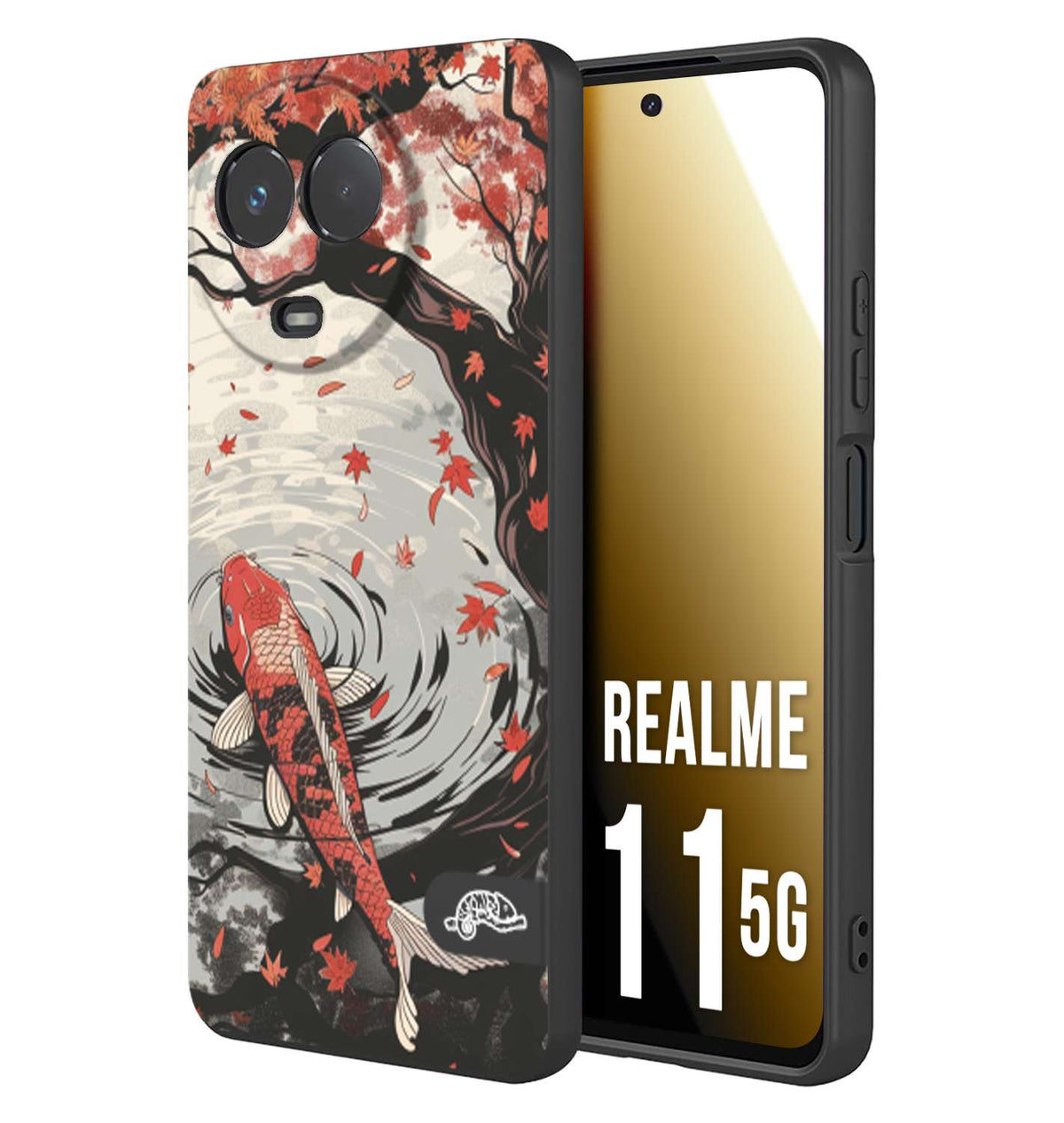 CUSTOMIZZA - Custodia cover nera morbida in tpu compatibile per Realme 11 5G giapponese lago carpa koi rossa con foglie d'acero rosso disegnata tattoo